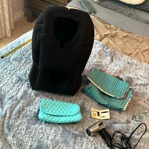 Travel bundle! Airplane pillow, travel blowdryer, 2 cosmetic bags & sewing kit!